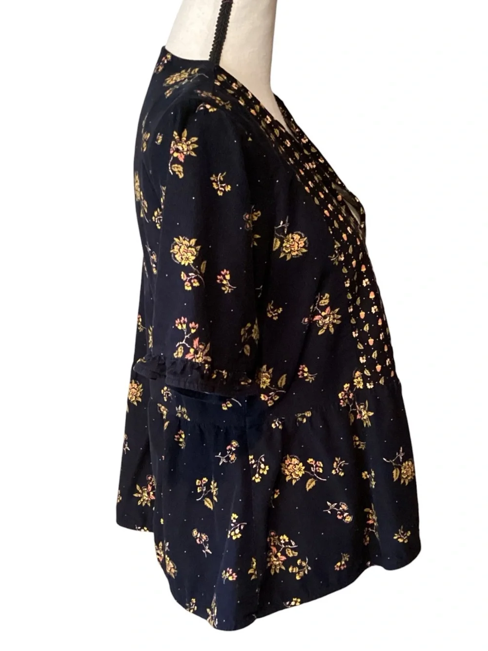 Madewell Black Floral Smocked V-Neck Peplum Top